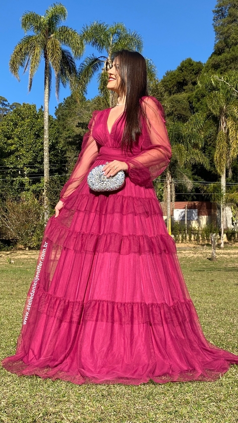 Vestido longo Fucsia três marias de manga longa