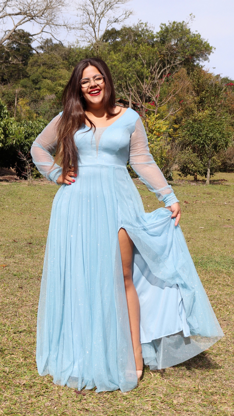 Vestido Carol Azul Serenety Com Manga E Decote