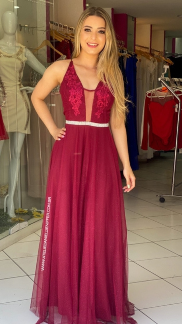 Vestido Longo Marsala Com Cinto De Strass