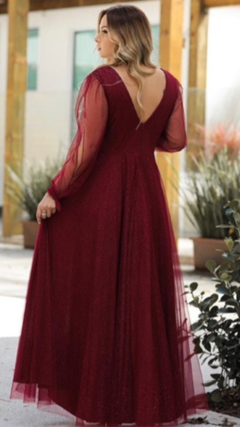 Vestido Marsala De Manga Longa Brilhoso Laço