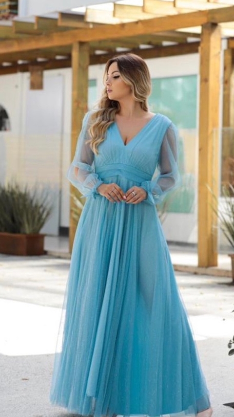 Vestido Longo Manga Longa Azul Serenety La o