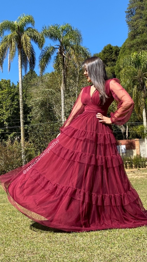 Vestido longo marsala três marias de manga longa se