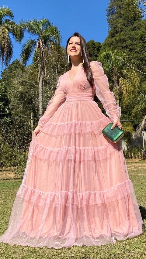 Vestido Longo Rose três marias de manga longa