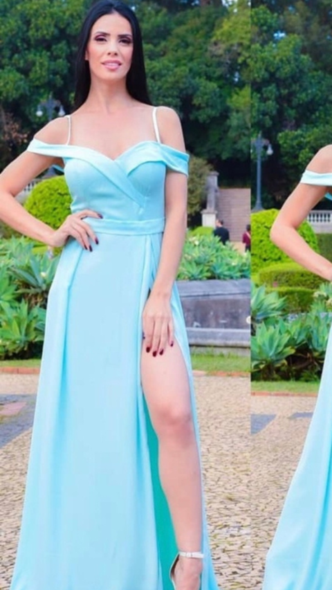 Vestido Azul Tiffany Ombro A Ombro Com Fenda Bel