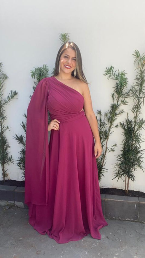 Vestido Ombro Só Manga Solta Fúcsia