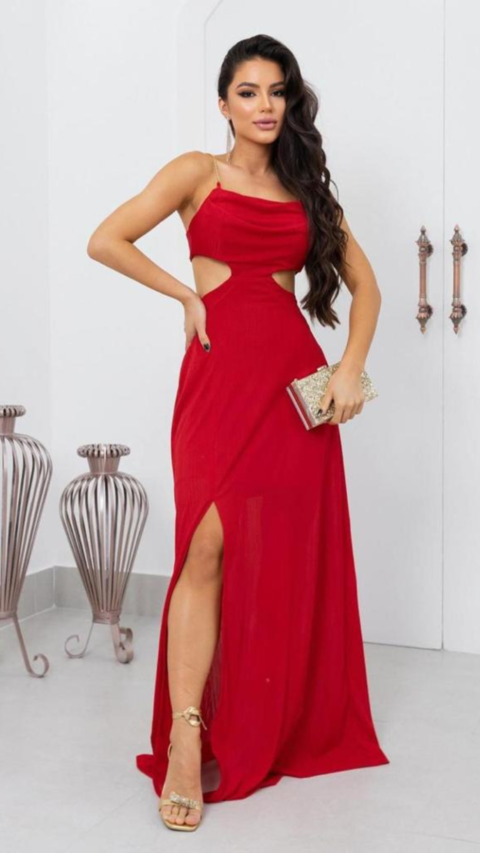 Vestido Longo Vermelho Alça De Corrente