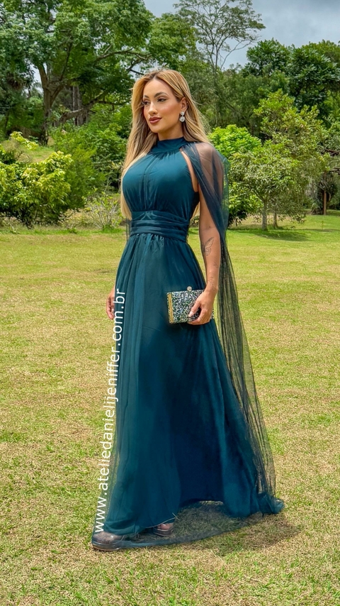 Vestido Lolla Longo Verde Escuro Com Mangas Em Tule - comprar online