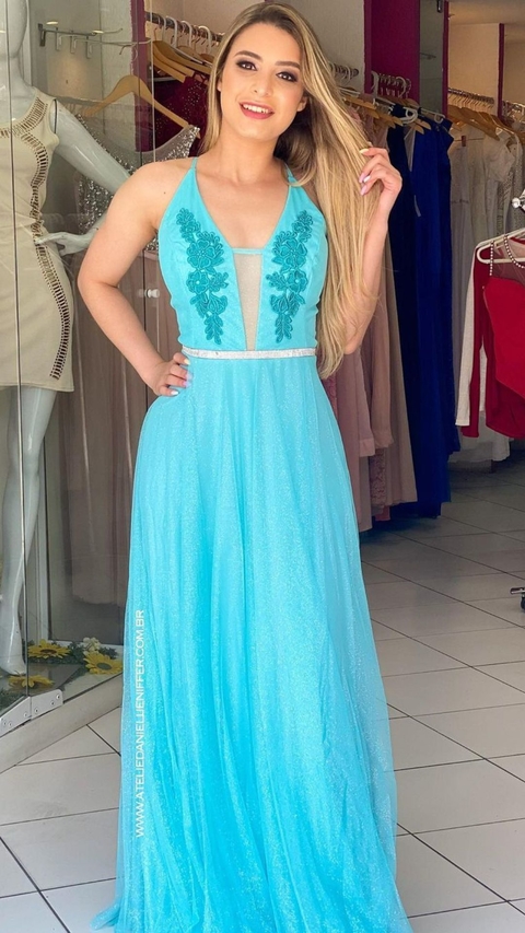 Vestido Azul Tiffany Brilhoso Com Cinto De Strass