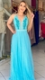 Vestido Azul Tiffany Brilhoso Com Cinto De Strass