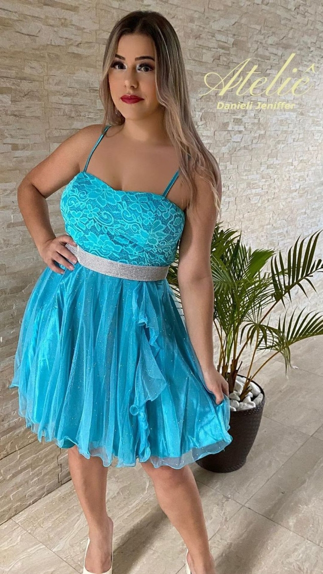 Vestido Curto De Alcinha Azul Tiffany Com Brilho