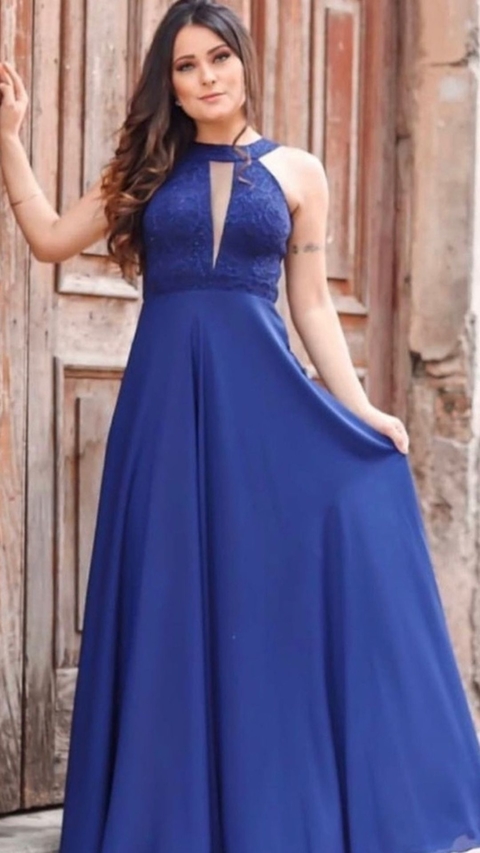 Vestido Longo Azul Marinho Com Decote Nicole