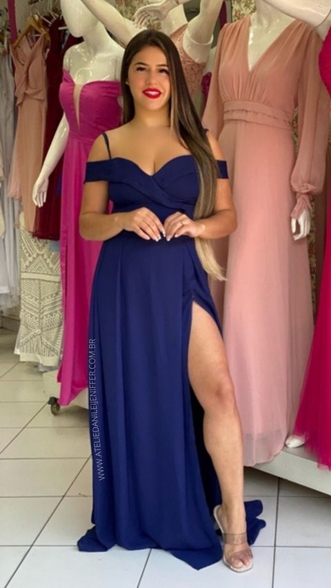 Vestido Ombro A Ombro Com Fenda Azul Marinho