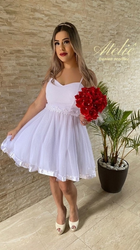 Vestido para casamento no civil noiva pré wedding noivado curto branco de alcinha rodado