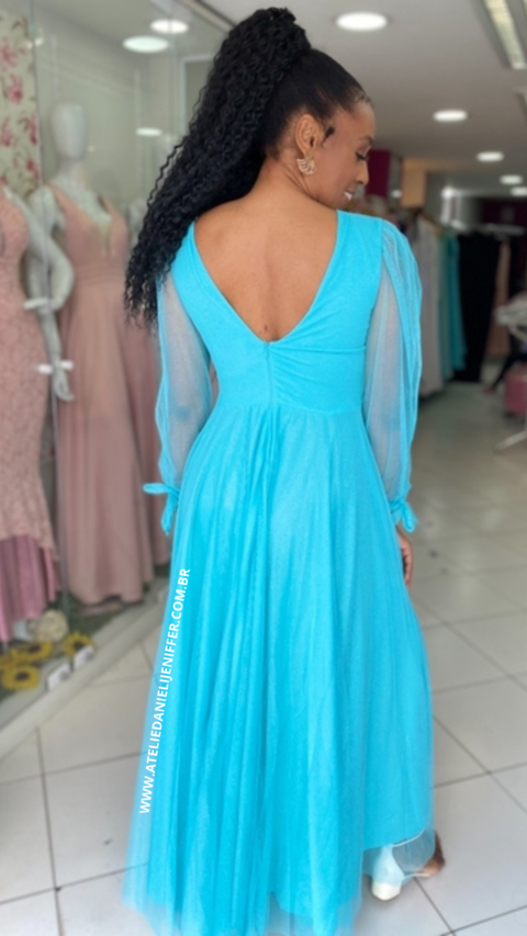 Vestido Longo Azul Tiffany Manga Longa Laço