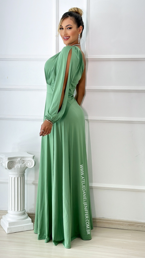Vestido Longo Beatriz Verde Manga Nula com Abertura Lateral