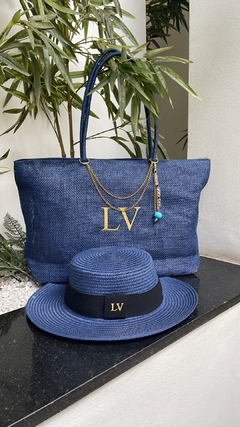 kit bolsa de praia azul + chapeu paris 1.0