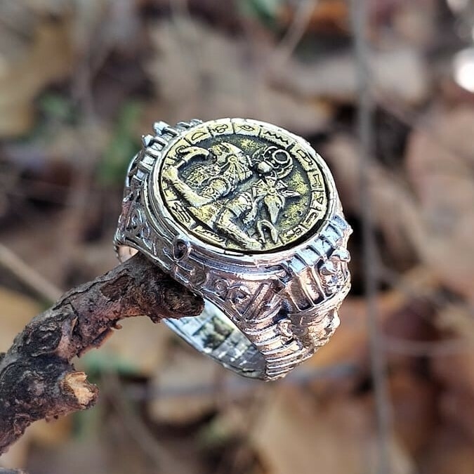 Anillo Egipcio Esfinges Ankh con Anubis y Ra en Plata 925