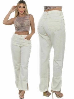 CALÇA JEANS WIDE LOOSE FEMININA CINTURA ALTA ABERTURA LATERAL BARRA OFF WHITE - Loja sense.