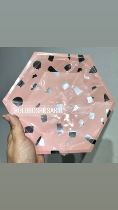 Plato rosa pastel con manchas plata x 10 unidades