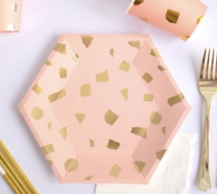 Plato rosa pastel Matilda con manchas doradas x 10 unidades