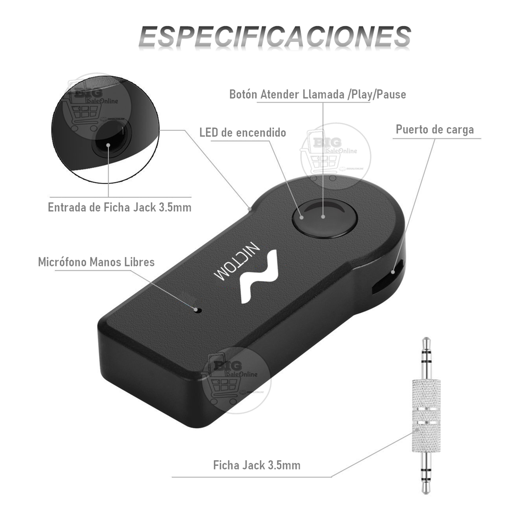 Receptor Bluetooth Adaptador 3.5mm Para Estéreos Parlantes