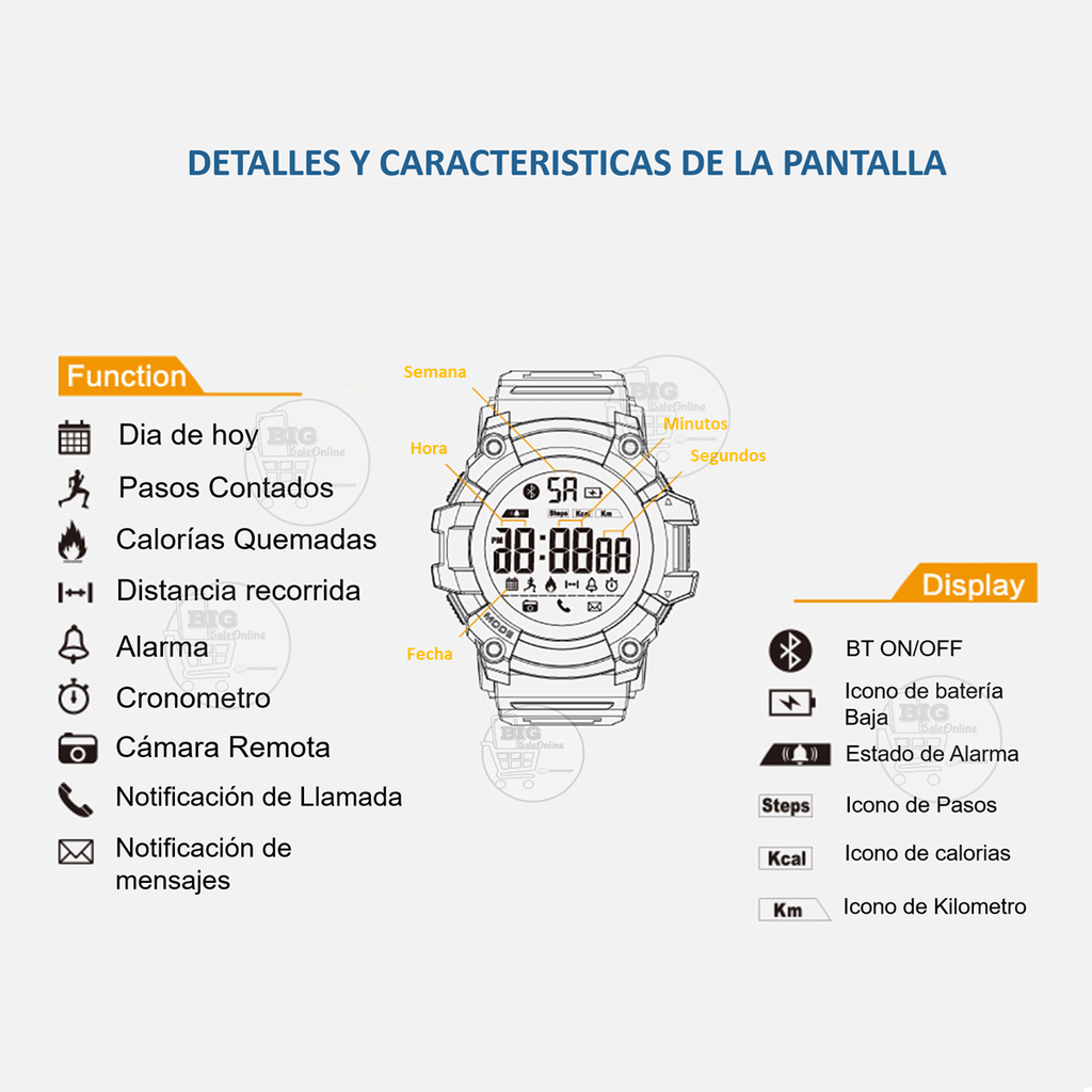 Reloj Inteligente Tactico Smartwatch Ex16 con Notificaciones Cronometro Pasos Distancia