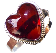 Anillo Ajustable Corazón De Ámbar Rojo & Plata Ley (DN8