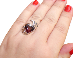 Anillo Ajustable Corazón De Ámbar Rojo & Plata Ley (HTH1) - tienda en línea