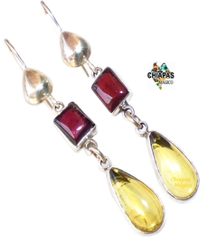 Aretes con Ámbar Auténtico, Granate & Plata Ley