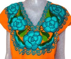 Blusa Zinacantán Naranja/Esmeralda (M)