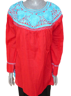 Blusón Unitalla Rojo con Celeste (Cuello Redondo) - comprar en línea