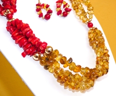 Collar de Ámbar Auténtico & Coral en Chapa de Oro - comprar en línea