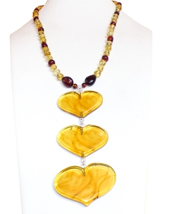 Collar Con Corazones de Ámbar, Ámbar Rojo y Amarillo & Plata Ley (Con Insectos)