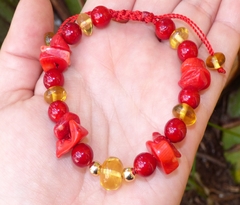 Pulsera Con Donas De Ámbar, Coral Rojo & Chapa De Oro en internet