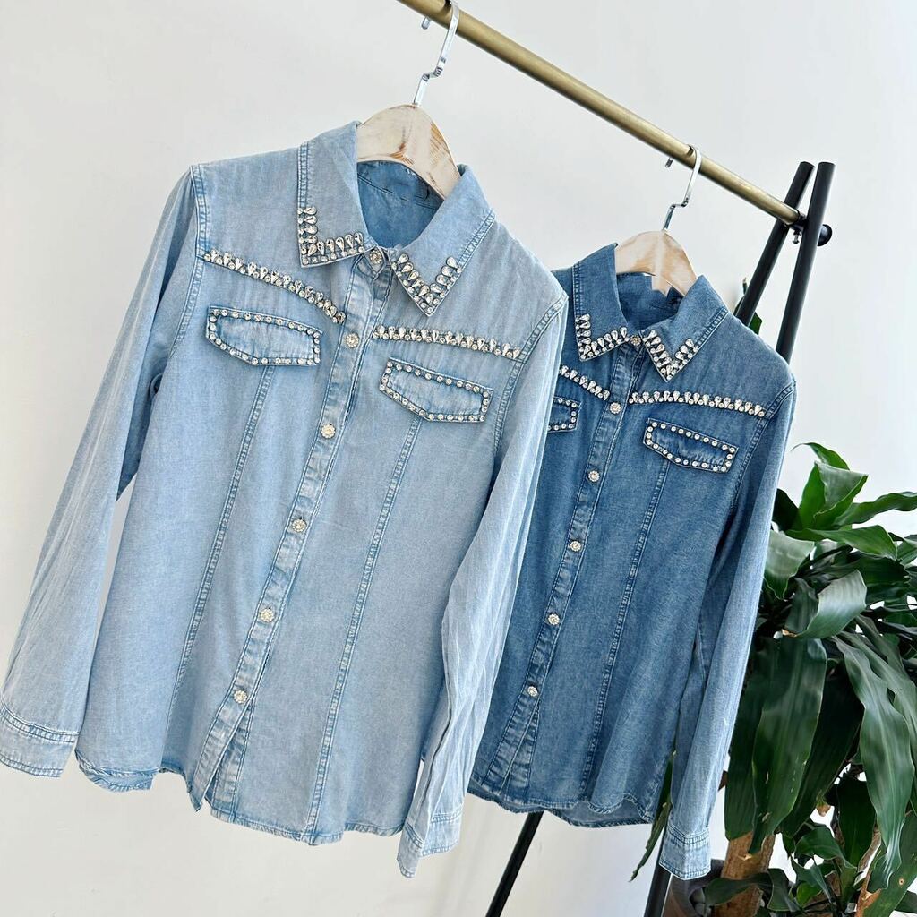 Camisa jeans com pedraria sale