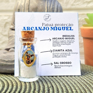 Garrafinha | Patuá de proteção do Arcanjo Miguel - Cianita azul e Sal grosso + Medalha