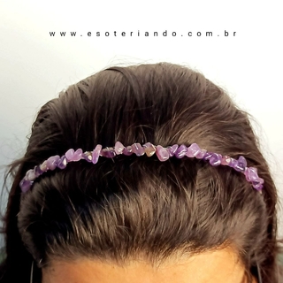 Tiara para cabelo de cascalho de pedras naturais - Ametista