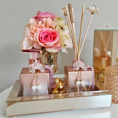 Kit lavabo cubo rose com dourado 4 peças