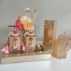 Kit lavabo square rose- bandeja ouro 9 peças