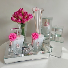 Kit elegance branco flor rosa - 8 peças