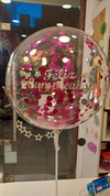 GLOBO BURBUJA PVC CON CONFETTIS Y VINILO DE FELIZ CUMPLEANOS