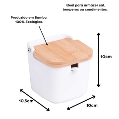 Saleiro de Mesa de Cerâmica Porta Sal Com Tampa De Bambu e Colher Bianco 10x10x10,5cm - comprar online