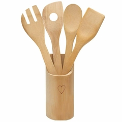 Kit Utensílios de Bambu Heart com Suporte e Talheres Sustentavel 5 Peças