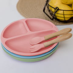 Kit Talheres de Silicone com Cabo de Bambu Colher e Garfinho Alimentação Bebê Infantil Livre de BPA Rosa - comprar online