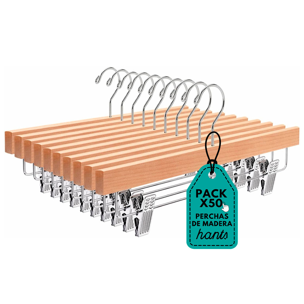 Pack X 50 Percha Plana De Madera Ganchos Para Pantalon 35 Cm