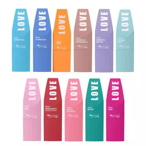 Imagem dos primers faciais da linha Tratamentos da Max Love, exibindo diversas opções coloridas de embalagens.