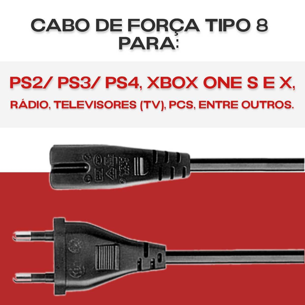 Cabo de Força Tipo 8 Bipolar PS2 PS3 PS4 Xbox One 2 pinos Energia
