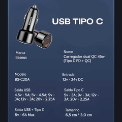 Carregador Veicular Duplo USB Tipo C Baseus 45w Carga Rápida 4.0 12-24v - loja online
