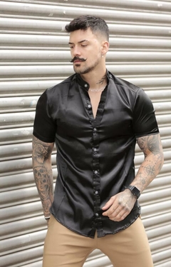 camisa premium gola padre acetinada - preta - loja online