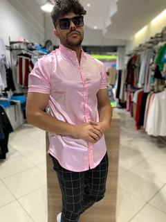 camisa premium gola padre acetinada - rosa